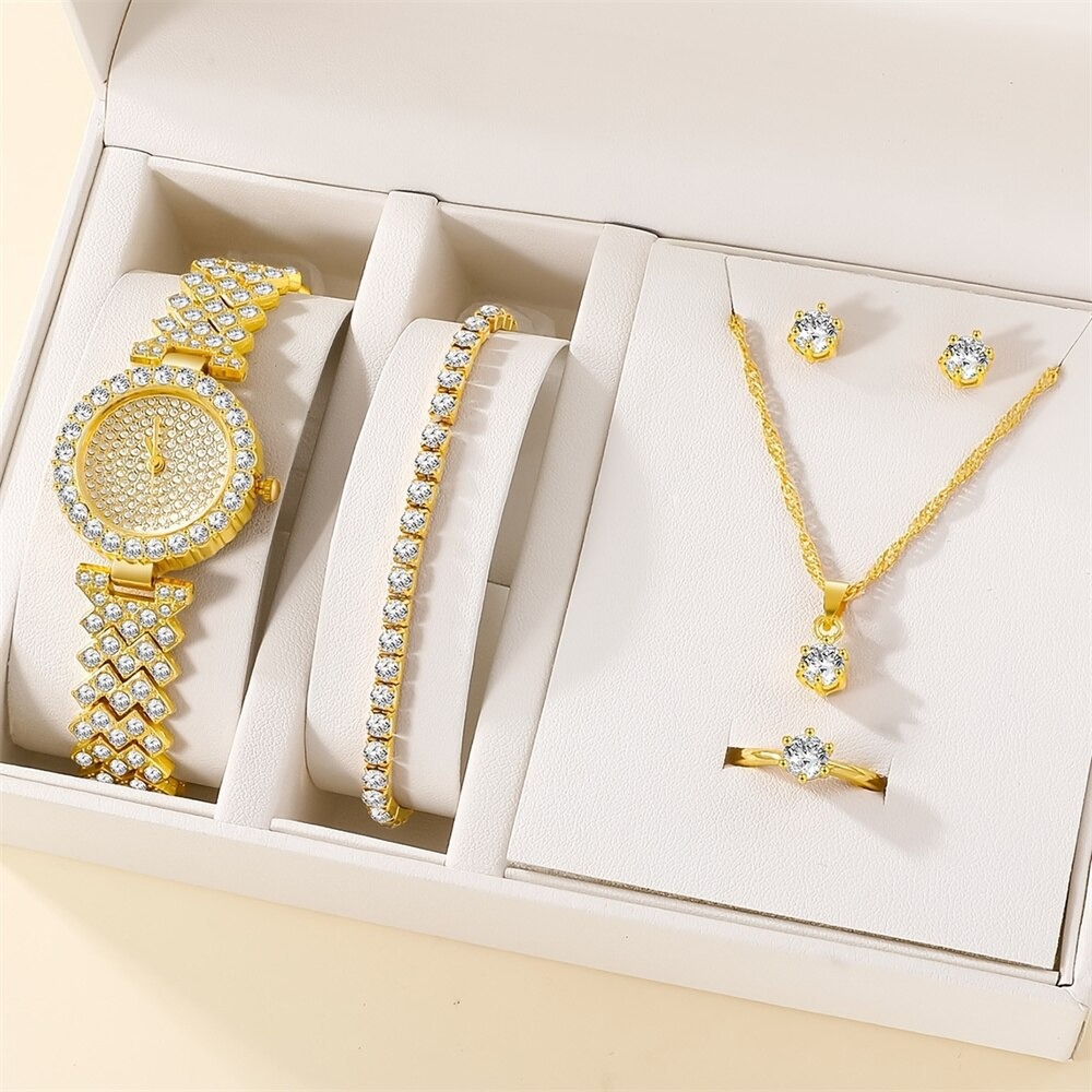 5pcs set fashionable diamond inlaid women’s watch bracelet necklace ring earrings 5-piece gift box watch set