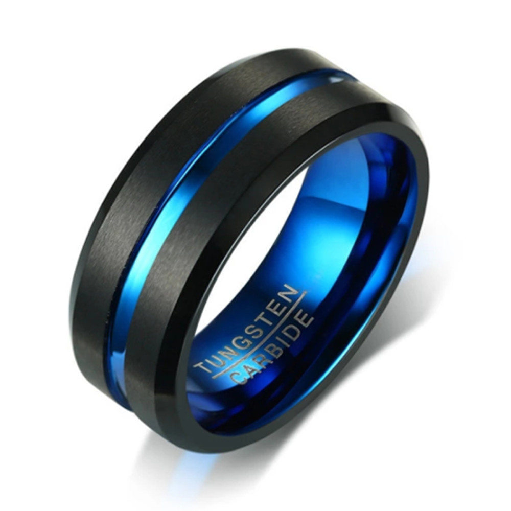 Elegant Two Color Tungsten Steel Ring Simple Slotted Electric Black Pull Sand Surface Blue Tungsten Gold Men’s Ring