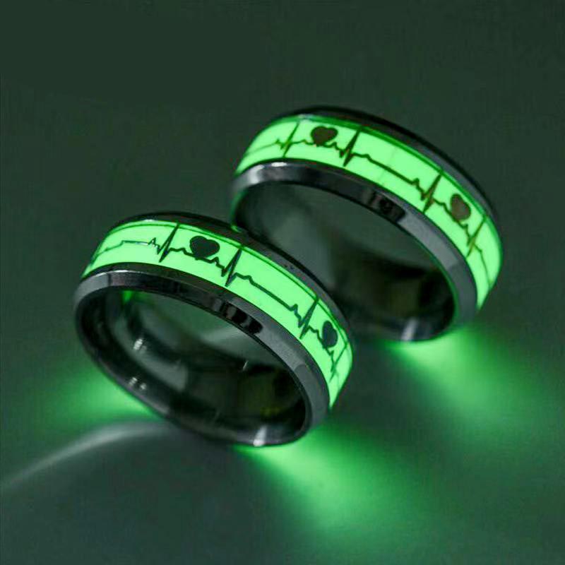 Luminous Titanium Steel Ring Electrocardiogram Luminous Fluorescent Jewelry Stainless Steel Ring Heartbeat Couple Love Finger Ring