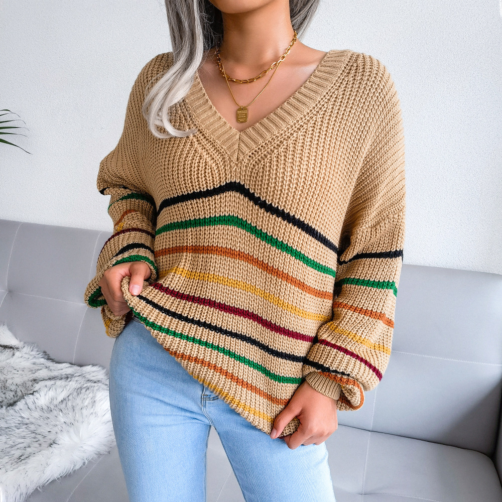 Ins Autumn And Winter New Rainbow Stripes Casual Loose Sweater