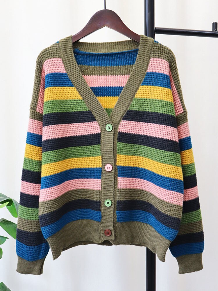 Contrast Striped Sweater Coat For Women