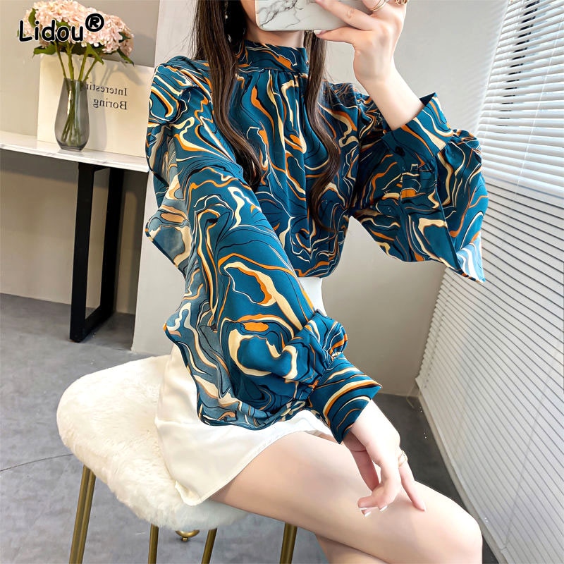 Spring Autumn Women’s Clothing Stripe Print Lantern Sleeve Tops Elegant Fashion Loose Chiffon O Neck Comfortable Wild T-shirts