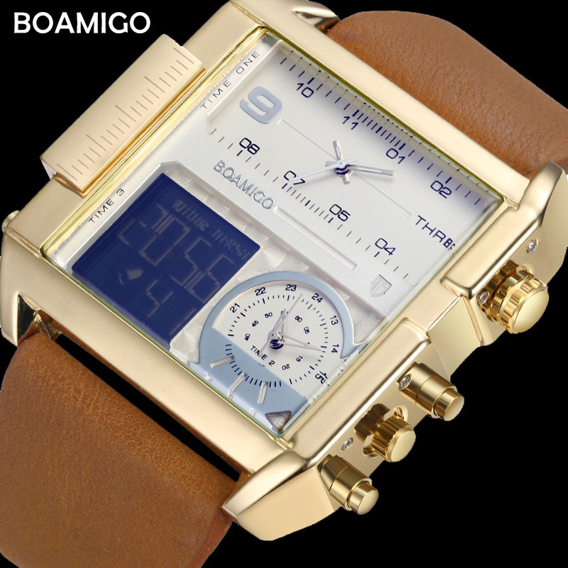 BOAMIGO Brand Men Sports Watches Man Military chronograph digital Watch Leather Rectangle Quartz Wristwatches