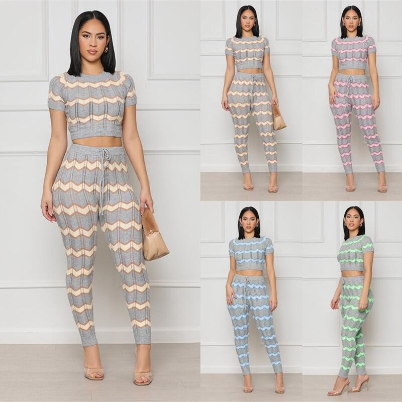 Women’s Spring Color Matching Woolen Suit Wave Pattern Tight Knit Two-Piece Set