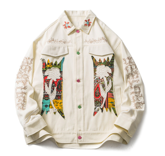 Spring new fashion brand design sense embroidery flower patch denim jacket men street lovers long-sleeved jacket