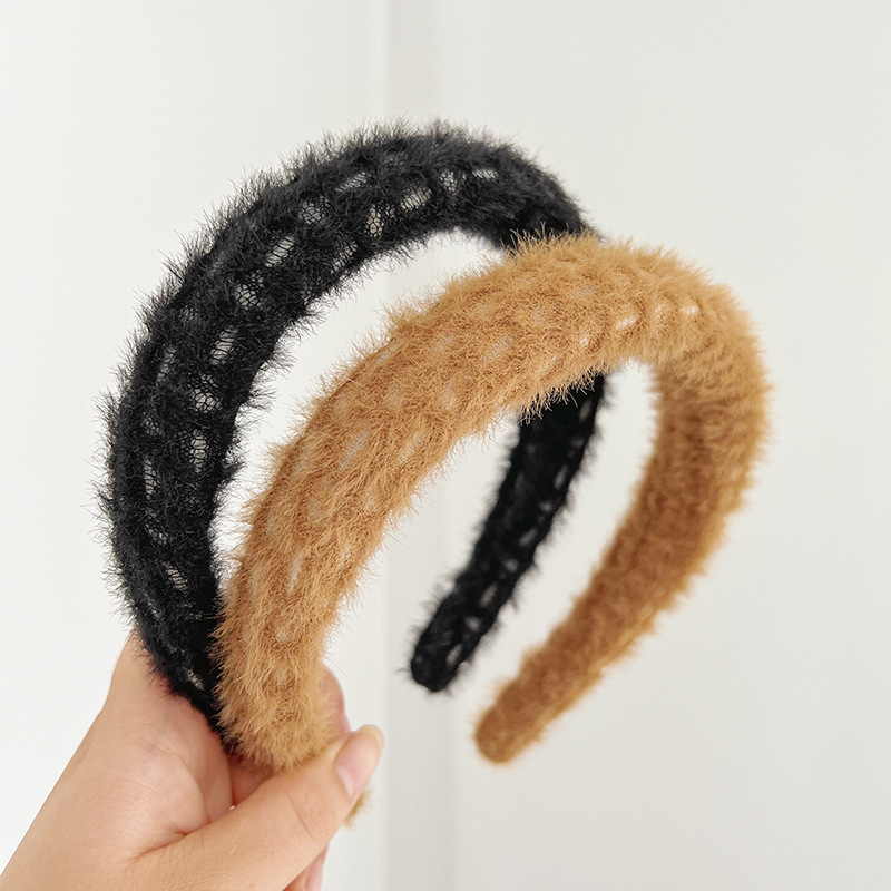 Fashion Japanese And Korean Simple Mink Hair Hoop Retro Sponge Autumn Headdress Solid Color Headband Hair Binding Female F015