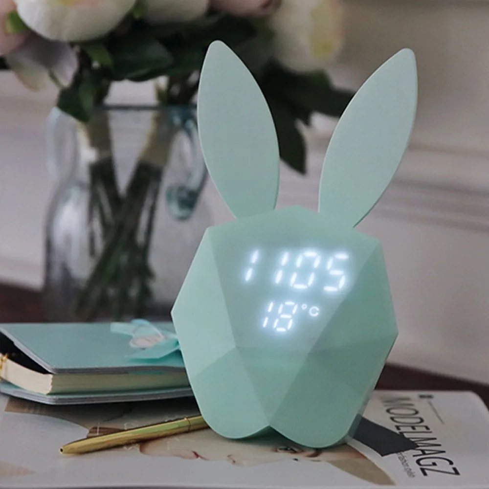 Cute Rabbit Shape Digital Alarm Clock LED Sound Night Light Intelligent Voice Control Table Wall Clocks