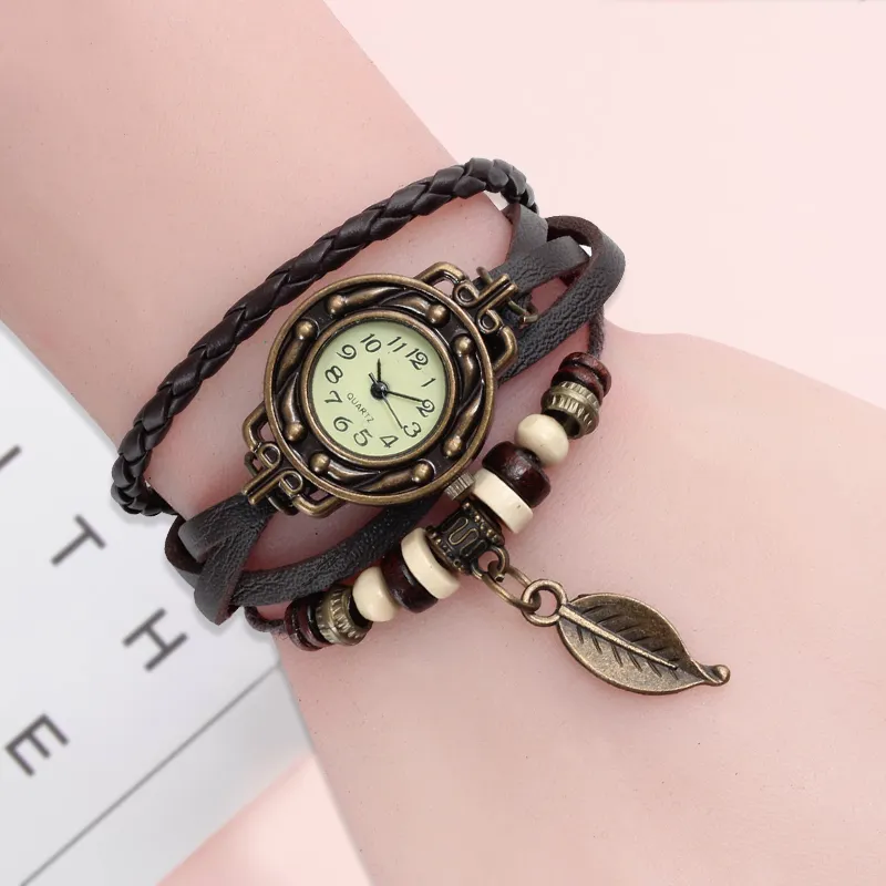 Multicolor High Quality Women Genuine Leather Vintage Quartz Dress Watch Bracelet Wristwatches leaf gift Christmas free shipping