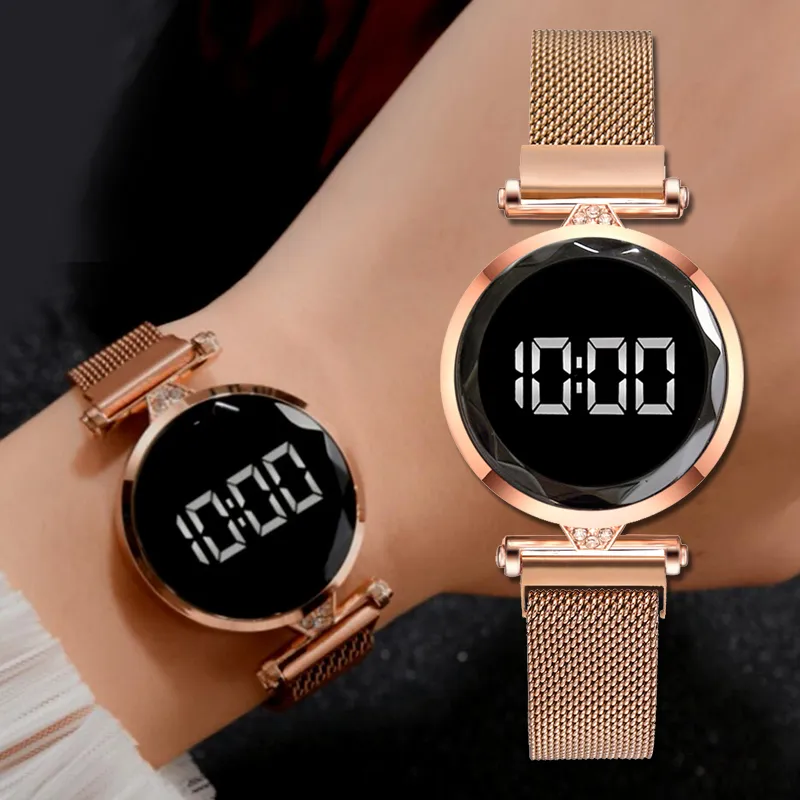 Luxury Digital Magnet Watches For Women Rose Gold Stainless Steel Dress LED Quartz Watch Female Clock Relogio Feminino Drop Ship