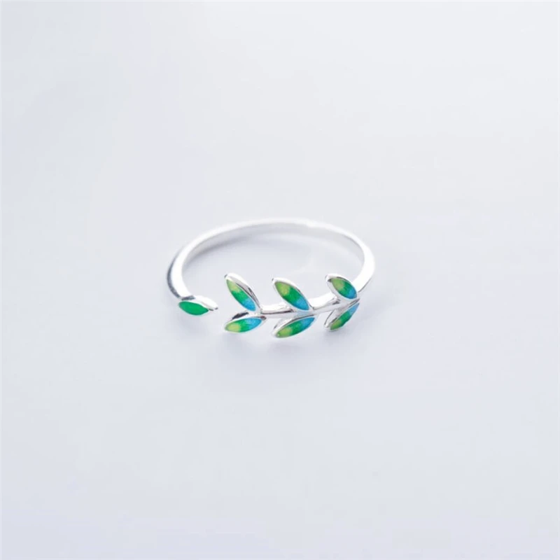 Green Leaf Handmade Creative 925 Sterling Silver Temperament Personality Fashion Female Trendy Resizable Opening Rings SRI028