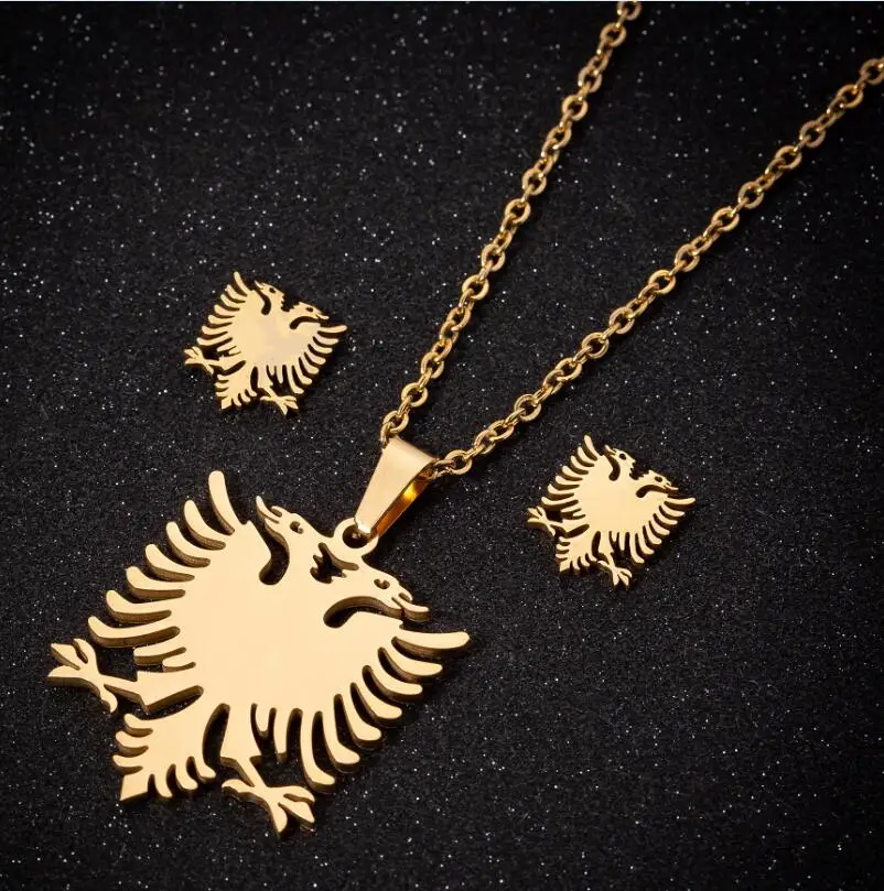 Hfarich Statement Eagle Steel Necklaces Delicate Fashion Albanian Flag Double Headed Bird Choker Pendants for Men Women Collier