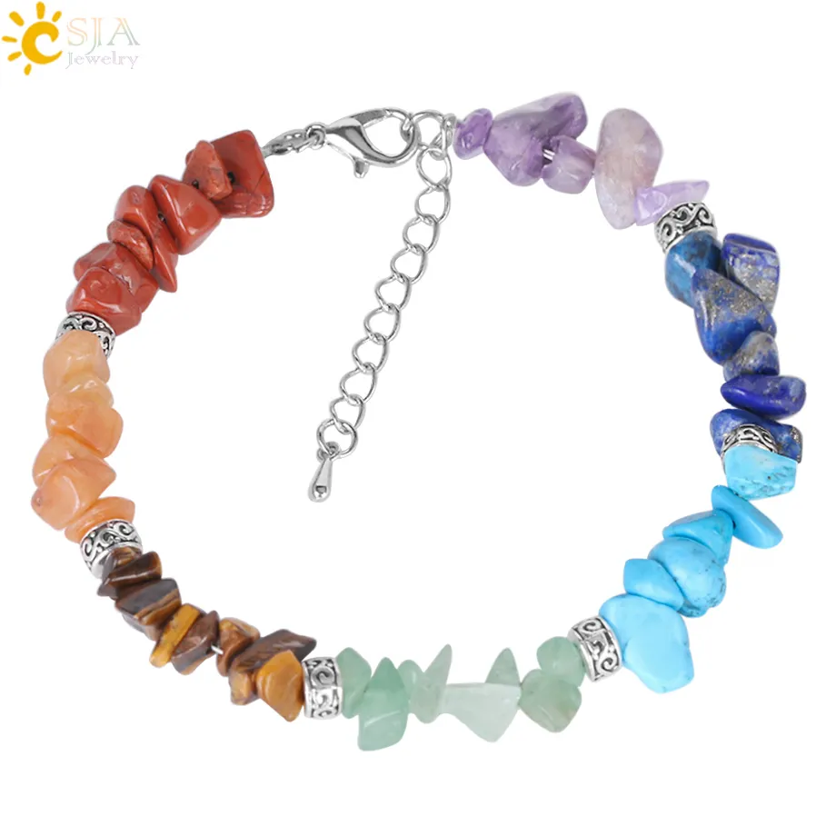 7 Chakra Reiki Women Bracelets Chain Link Lobster Clasp Healing Balance Natural Chip Stone