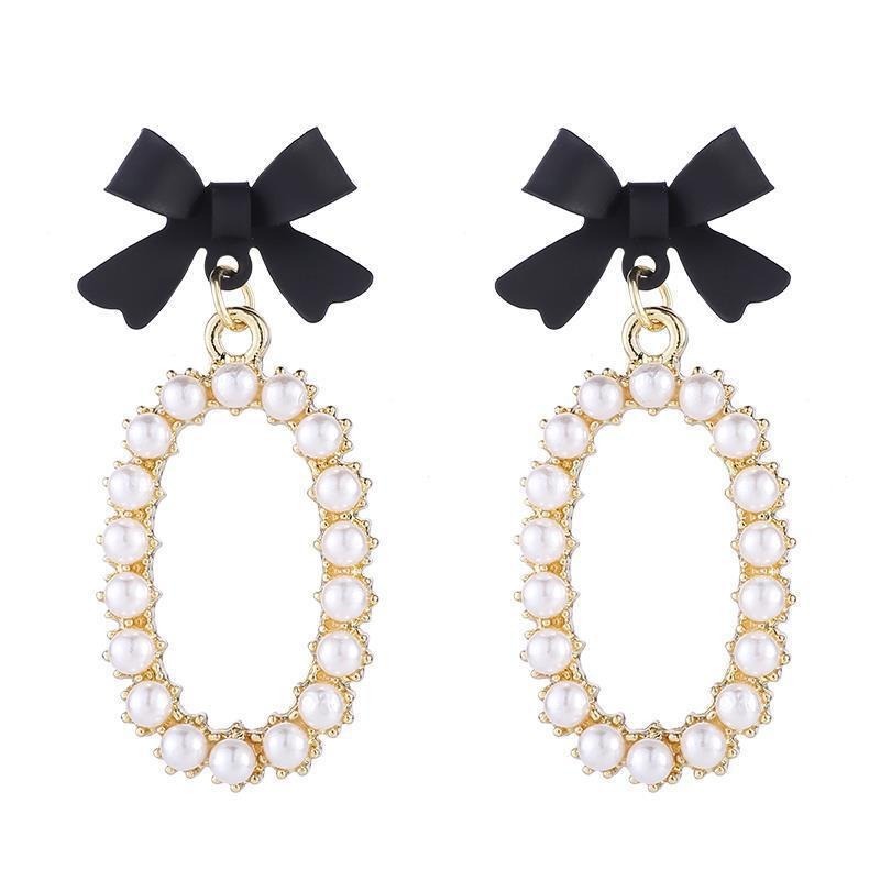Korean black bow pearl elegant teenage temperament, light luxury, high-end design sense earrings and earrings