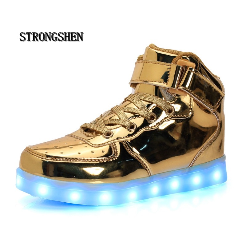 Led Children Shoes USB Charging Basket Shoes With Light Up Kids Casual Boys&Girls Luminous Sneakers Gold silver