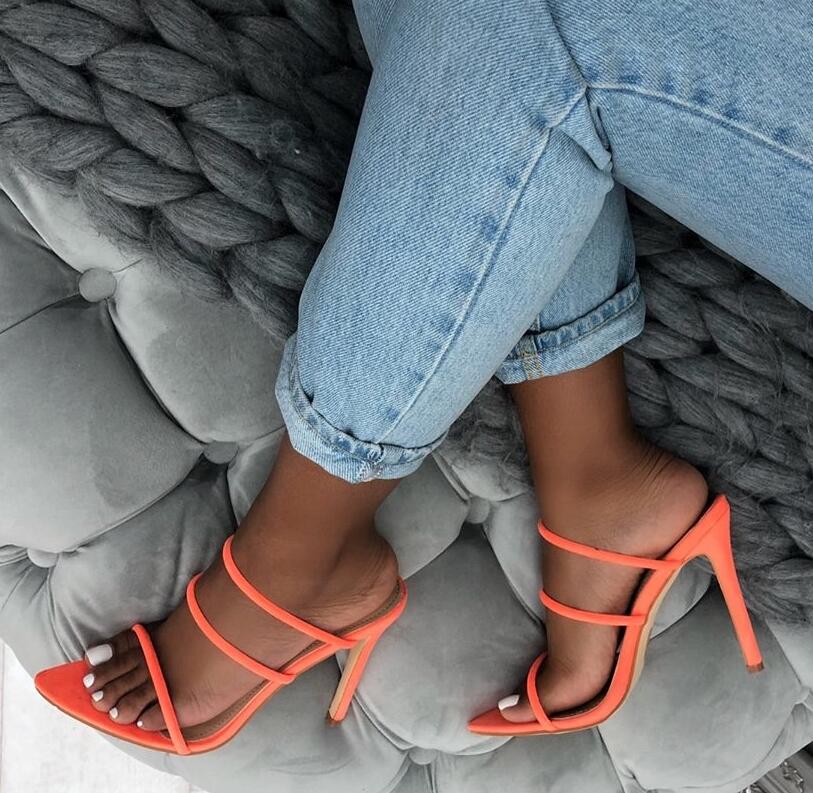 Summer Shoes Woman Lycra Fluorescent Mules Glitter Peep Toe Slides High Heel Slippers Slip On Fashion Sandals