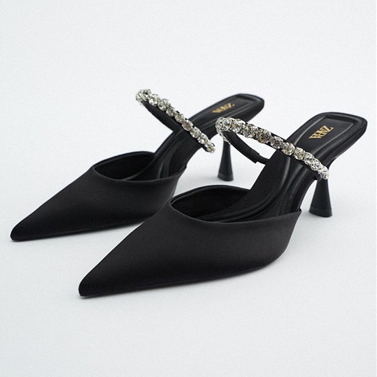 New Black Suede Rhinestone Bright High Heel Fashion Pointed Toe Slippers Women’s Shoes