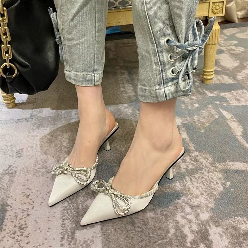 Spring And Autumn New Rhinestone Bow Toe Sandals And Slippers Satin Pointed Toe Stiletto Heels High-Heeled Shoes