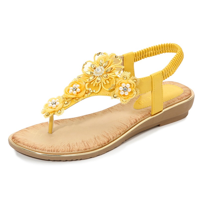 Shoes Women Sandals Women’s Clip-On Elastic Strap Open Toe Sandals Flower Trim Flat Sandals